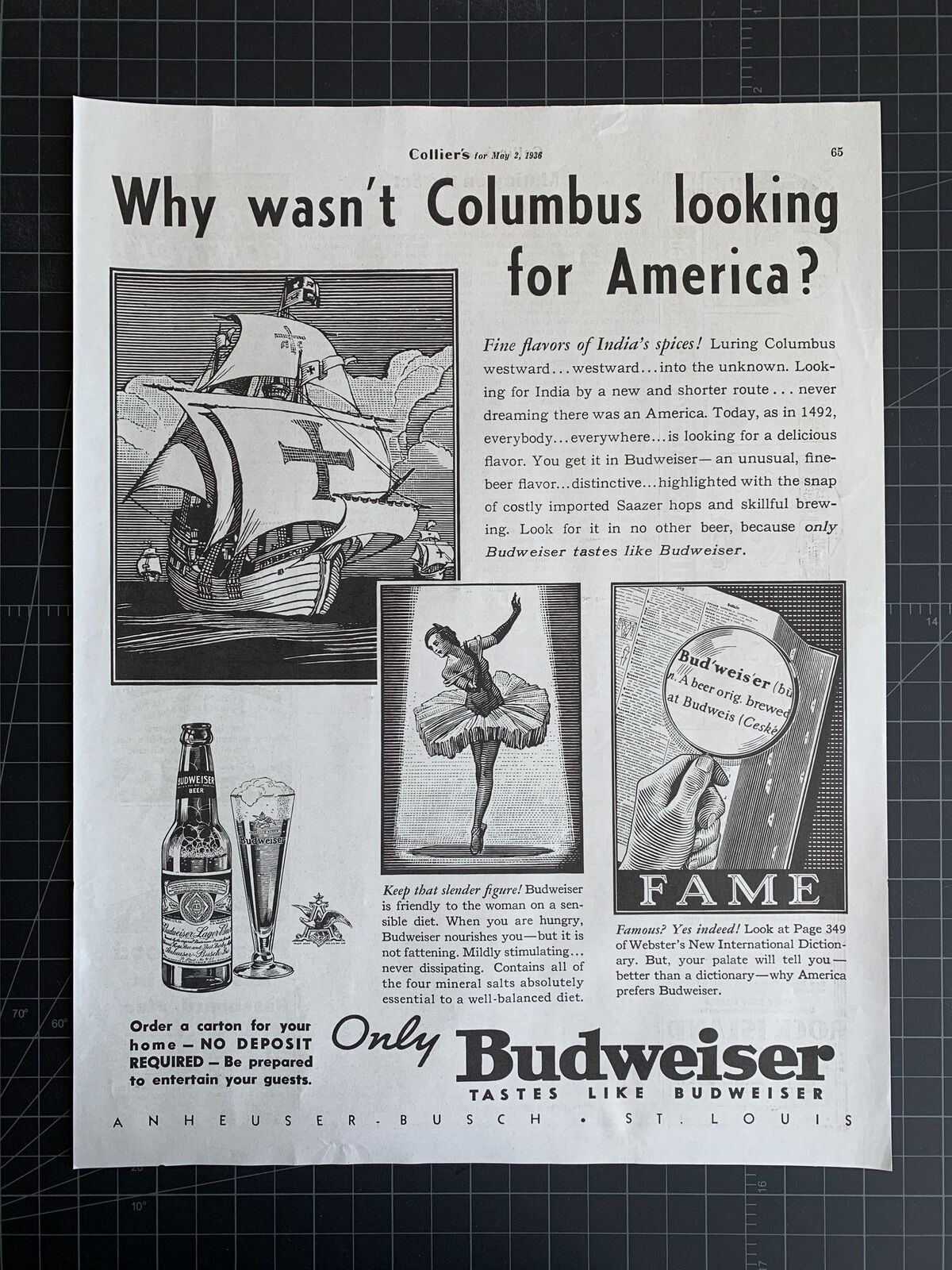 Vintage 1936 Budweiser Beer Print Ad
