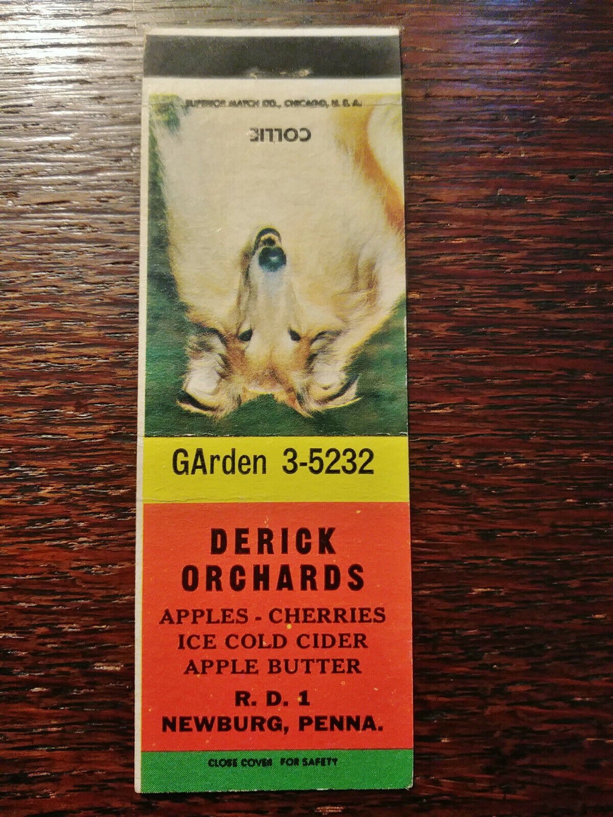 Vintage Matchcover: Derick Orchards, Newburg, PA  Collie 23