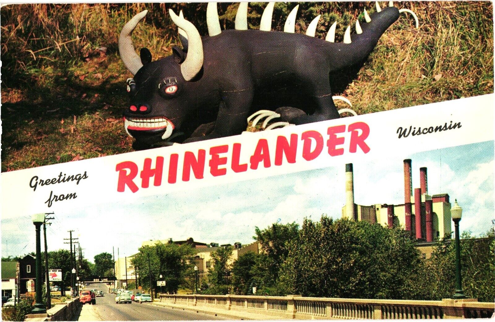 Rhinelander Wisconsin Paper Mill Hodag Postcard 1950s Banner Greetings Old Cars