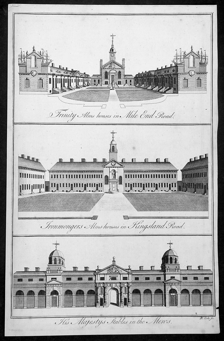 1755 Maitland Antique Print Trinity Alms Houses & Royal Stables Mews, London