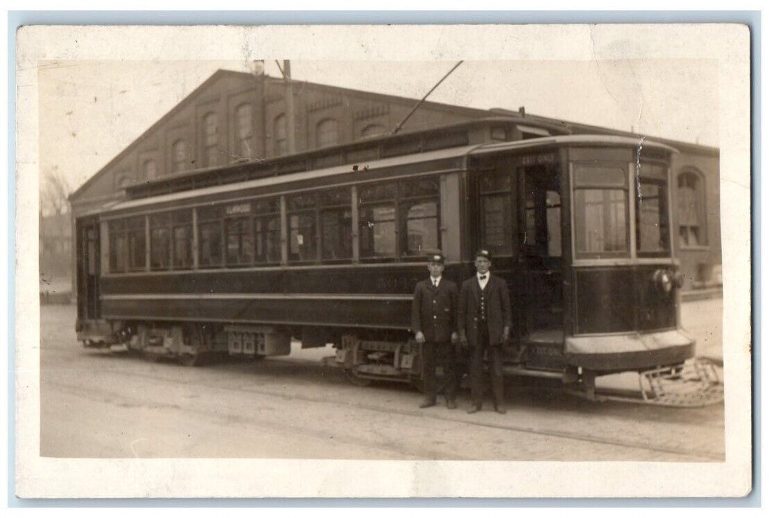 c1910\'s Trolley Street Car Depot Elmwood Conductors  RPPC Photo Postcard