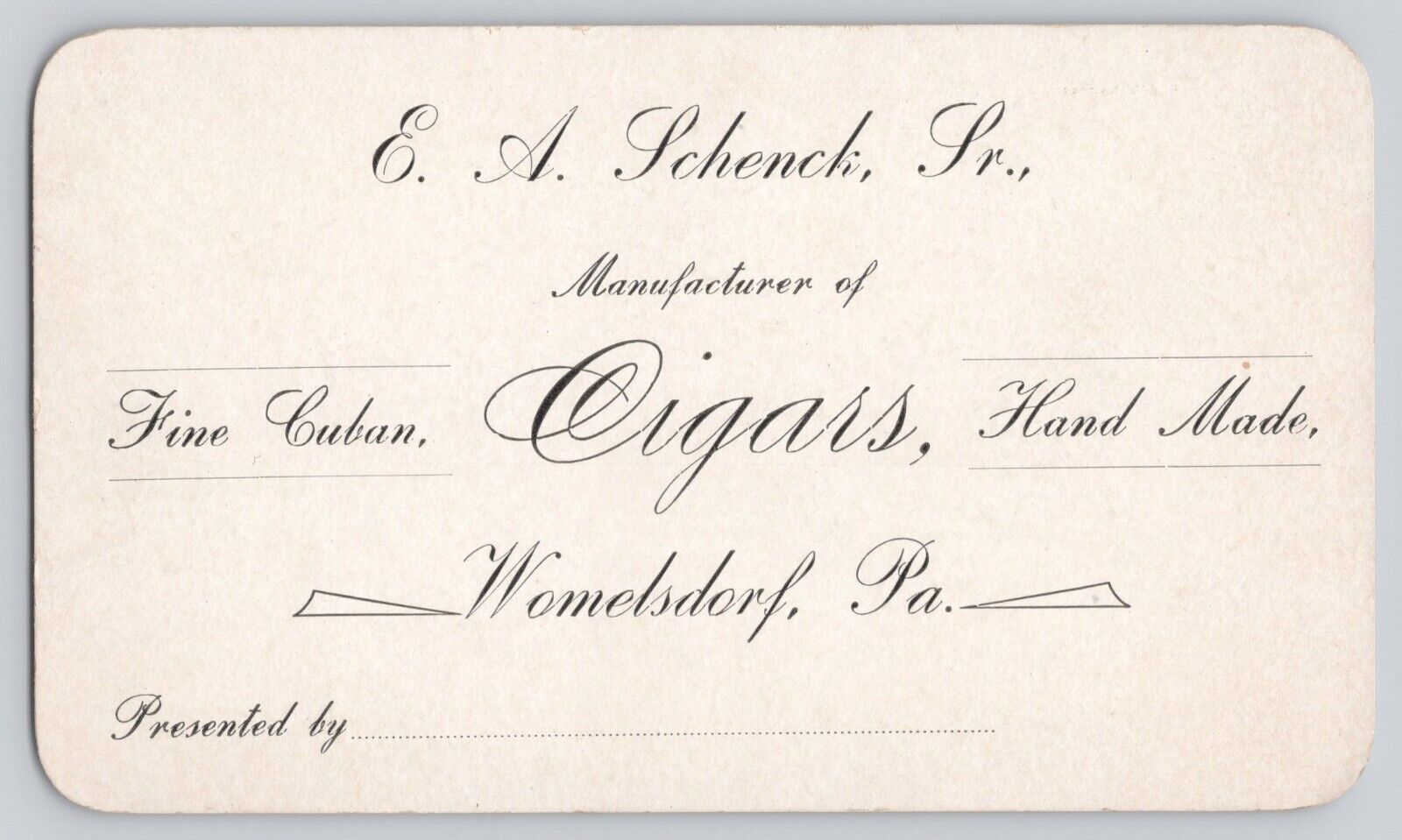 E. A. Schenck Womelsdorf PA Cigar Manufacturer Business Card circa 1900 B2-24