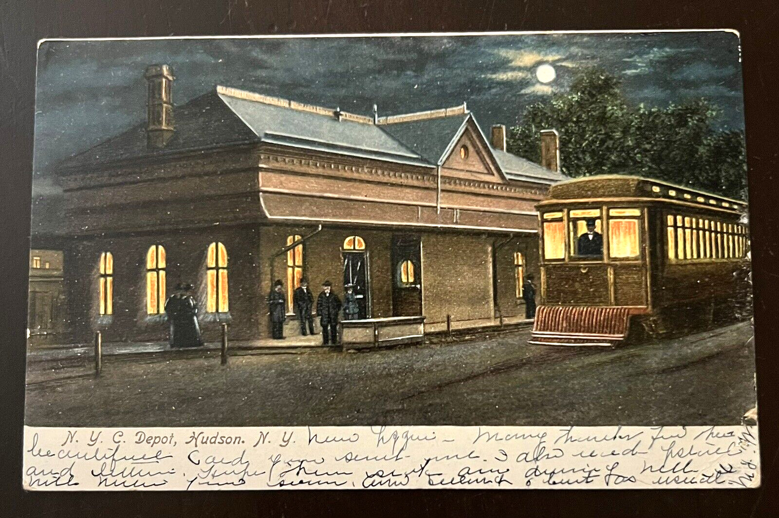 ATQ 1907 Post Card NYC RAIL ROAD DEPOT Hudson, NY UDB Posted Train Night View
