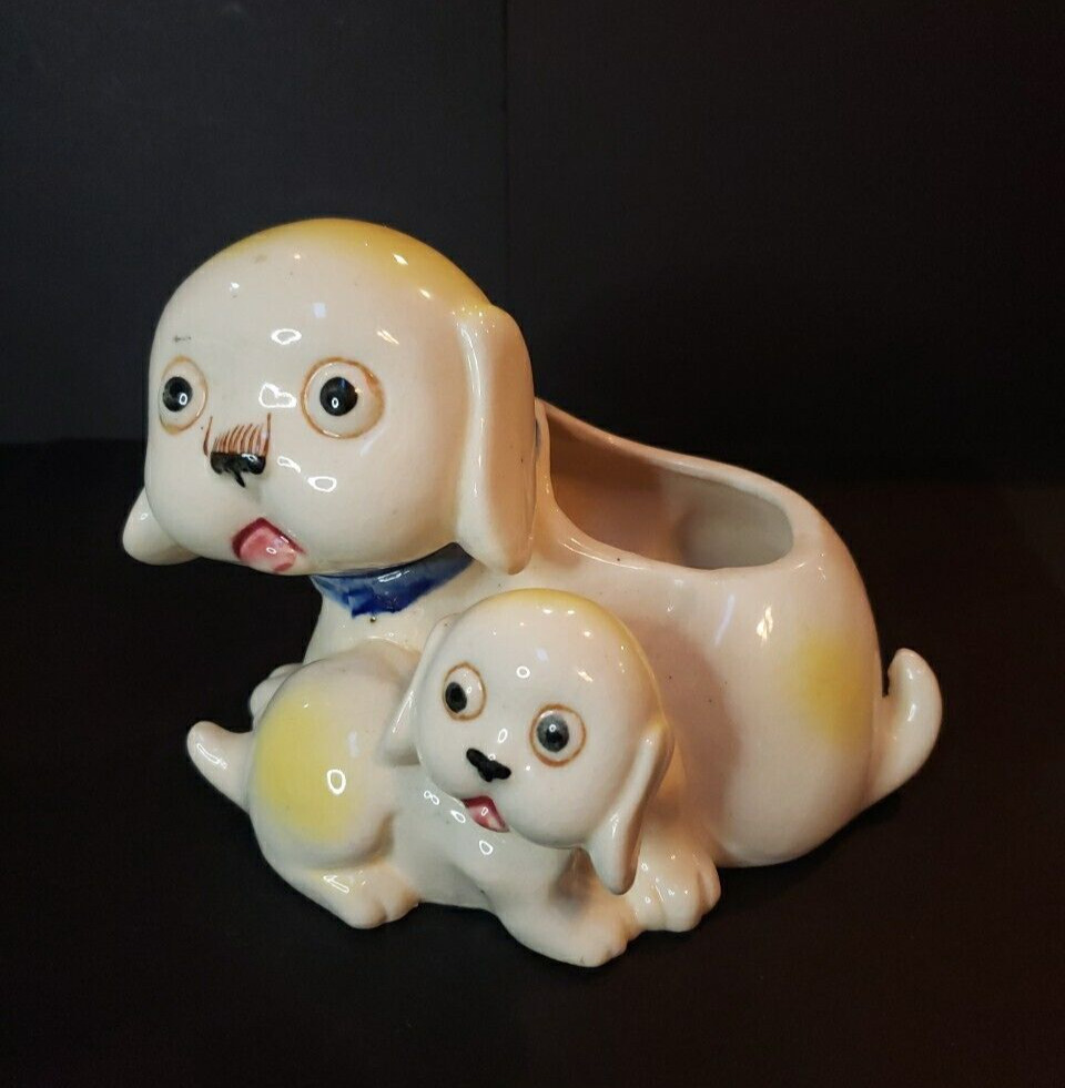 Vintage Mother and Pup Dog Ceramic Planter - Old Japan