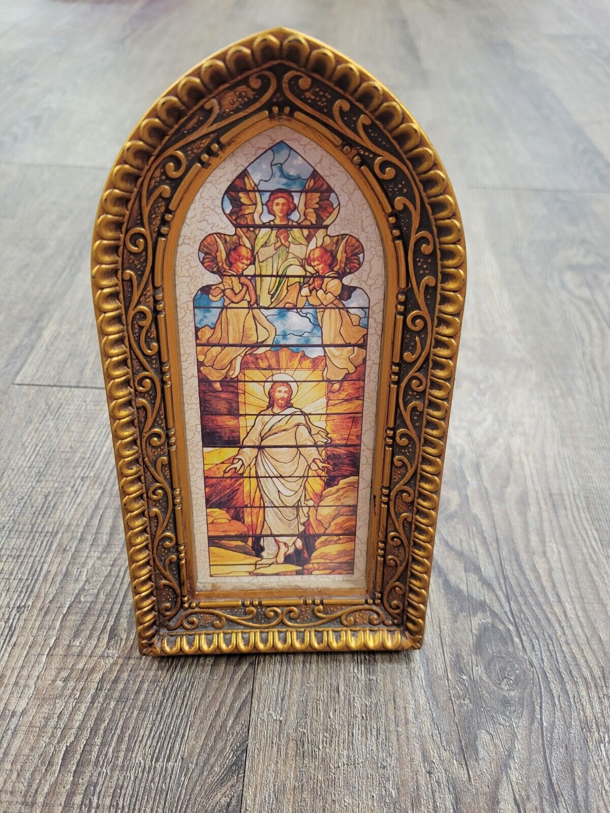 Vintage Framed Stained Glass Window Print Catholic Church Religious Art
