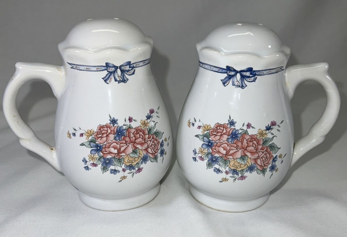 Salt and Pepper Shakers with Blue Bow & Flowers Porcelain With Handles Vintage