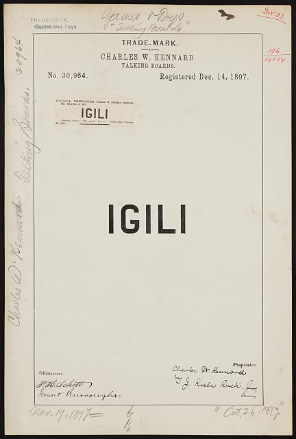 [[Trademark registration by Charles W. Kennard for Igili brand Talking Boards]]