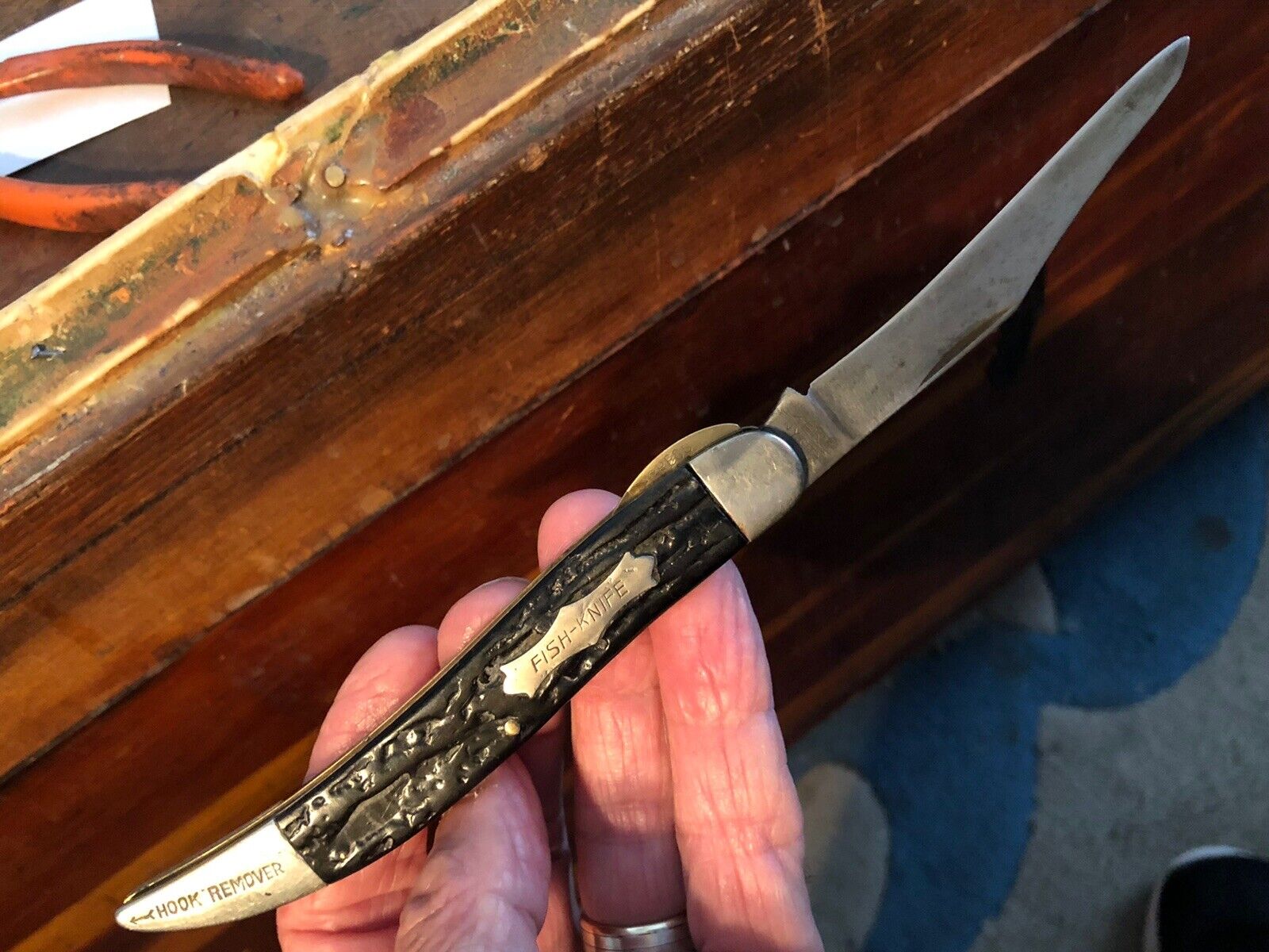 Vntg Kent NY CITY USA Preslok 1-Bld Blk Jigged Faux Stag Fish Knife Pocket Knife