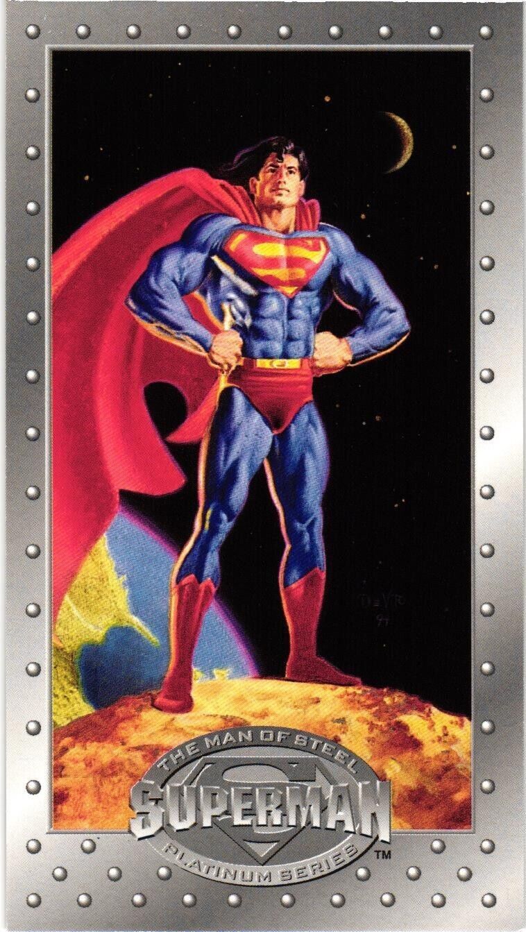 Superman 1994 Skybox Man of Steel Platinum Series Card No. 1 is 4 3/4 x 2 1/2