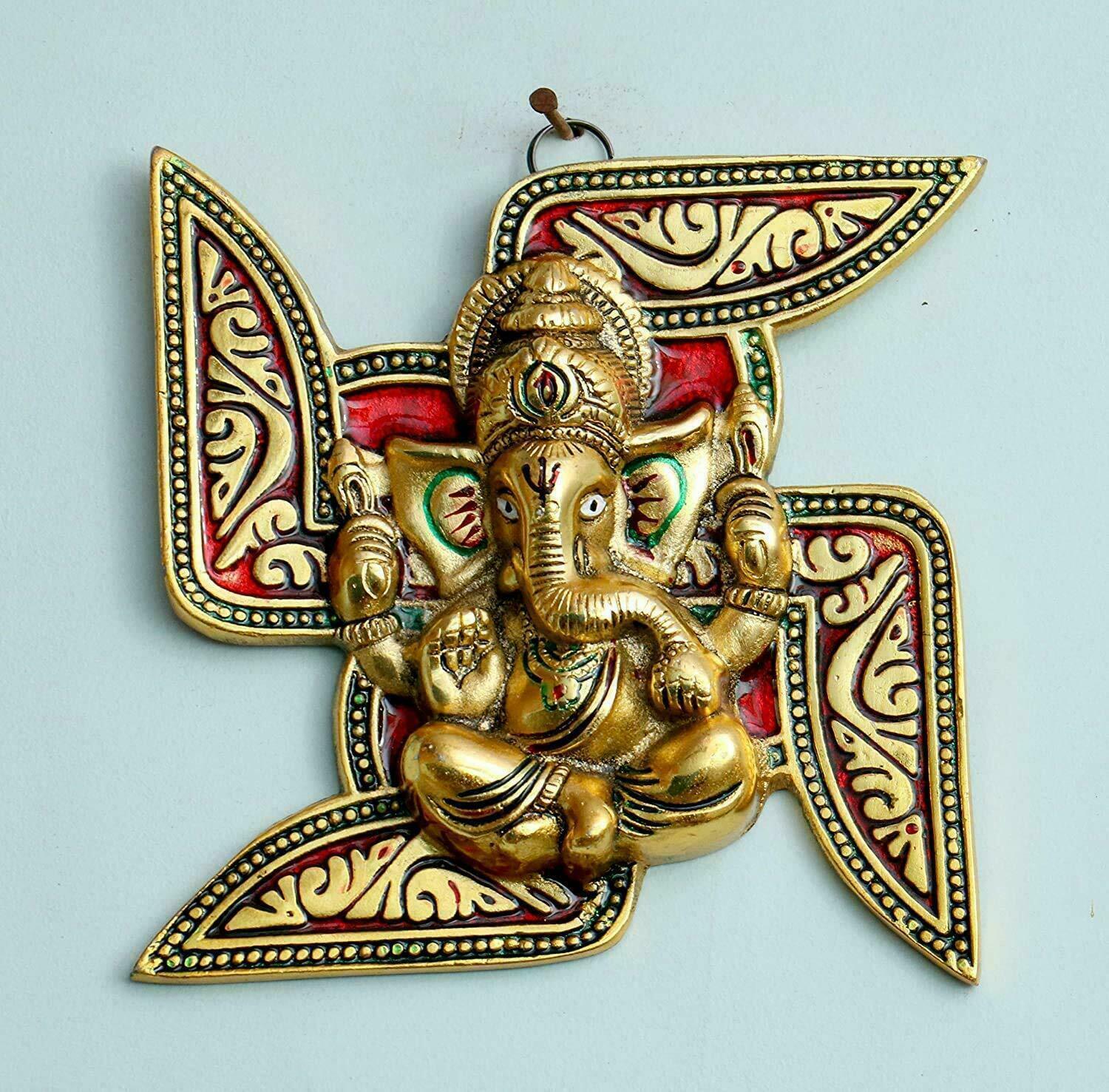 Hindu Lord Ganesh Swastik Metal Wall Hanging God statue 6.5\