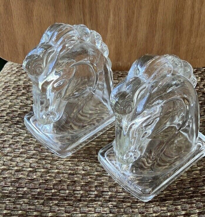 Pair Of Federal Pressed Clear Glass Horse Head Bookends Vintage Candy Container