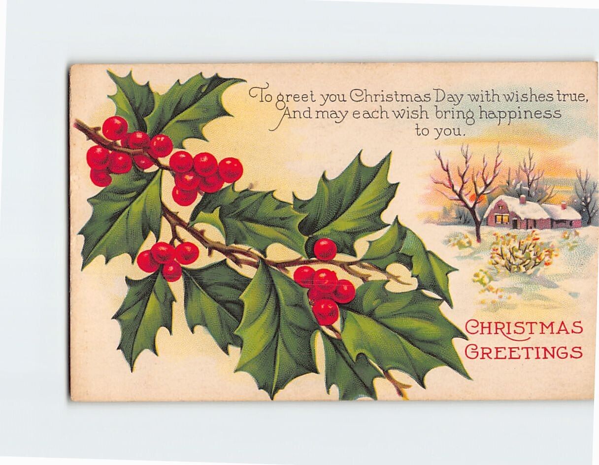 Postcard Christmas Greetings with Hollies Art Print, Christmas Greeting Card