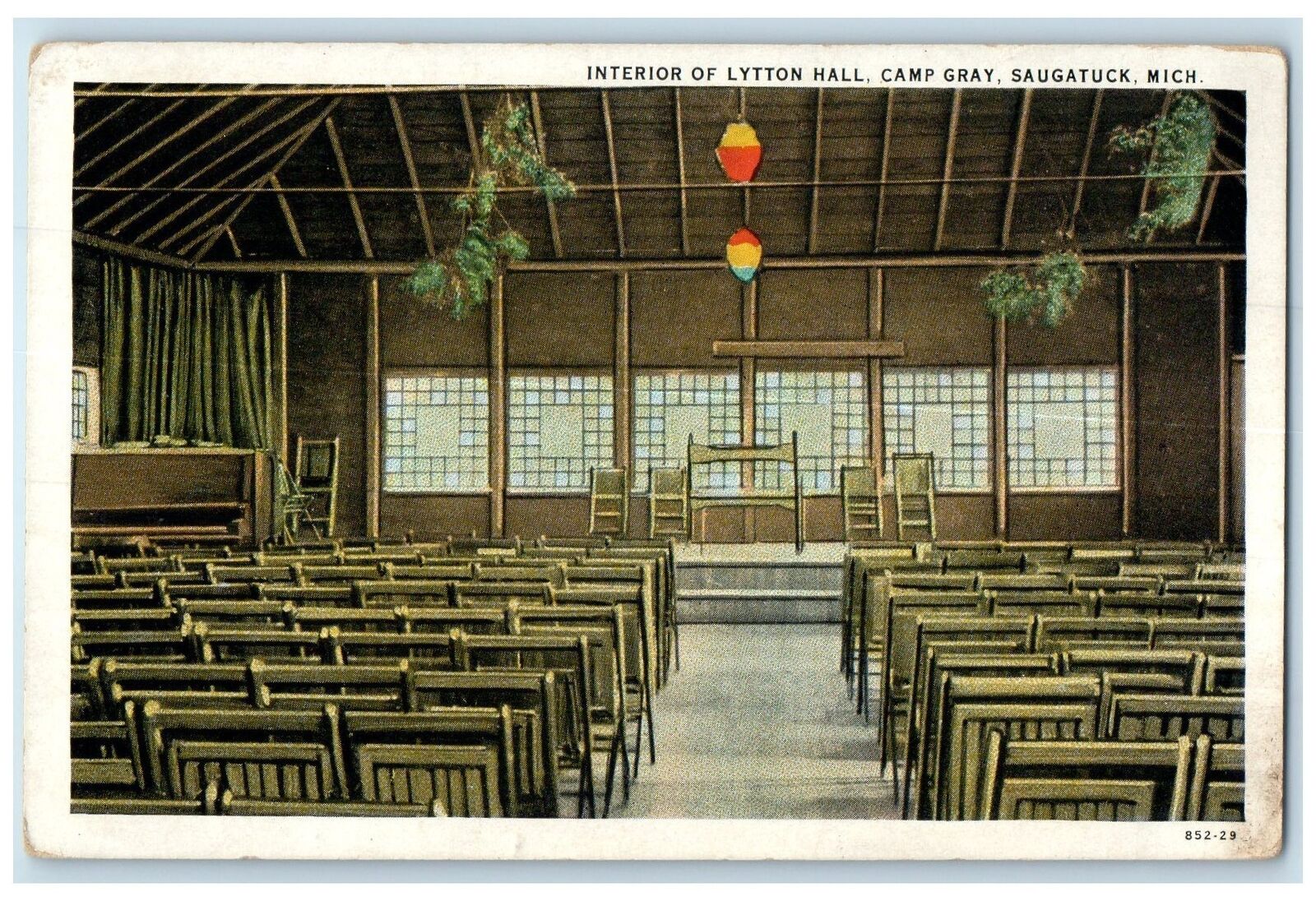c1920's Interior Of Lytton Hall Camp Gray Benches Saugatuck Michigan MI Postcard