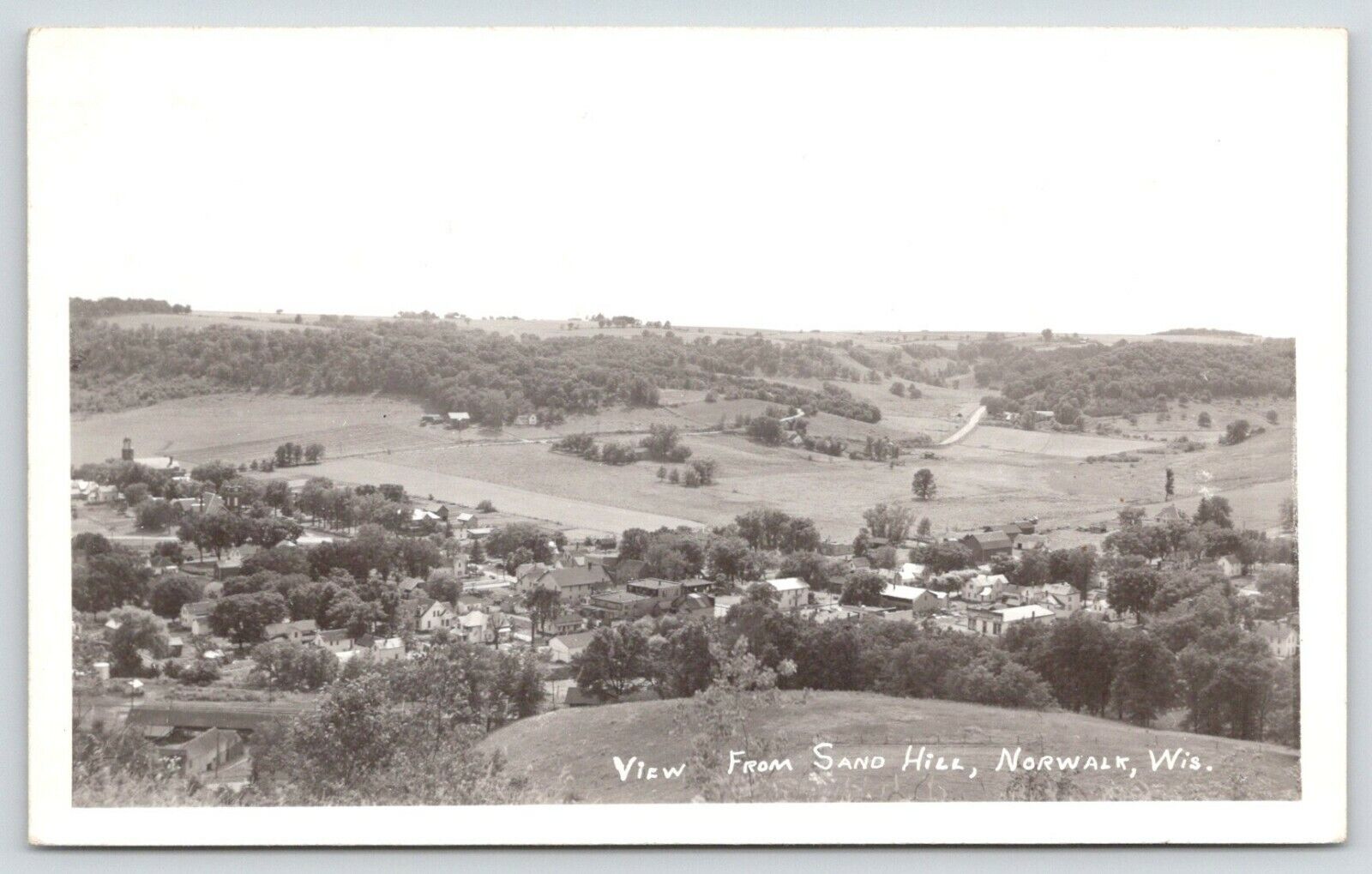 Norwalk Wisconsin~Birdseye Town Panorama from Sand Hill~Homes~Business~1948 RPPC