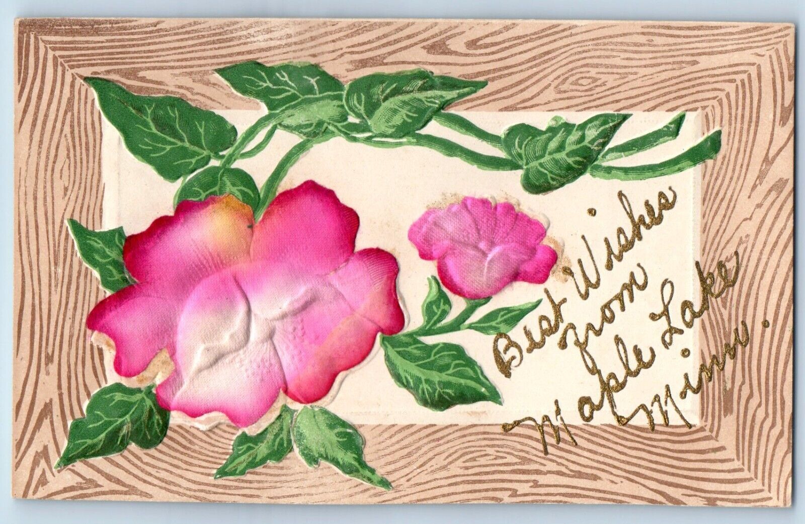 Maple Lake Minnesota MN Postcard Best Wishes Flowers Frame Embossed 1910 Antique