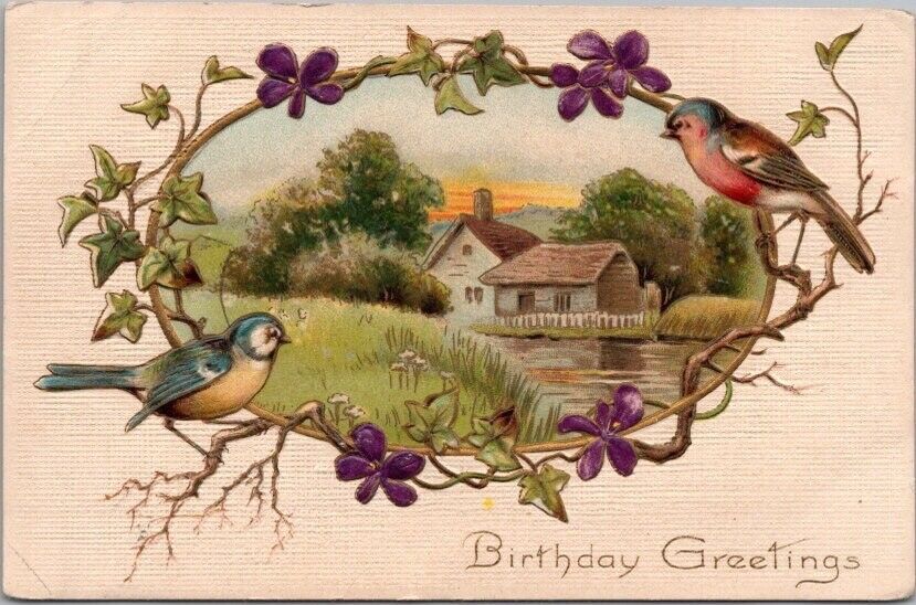 Vintage 1910s HAPPY BIRTHDAY Embossed Postcard Lake / Cottage / Birds