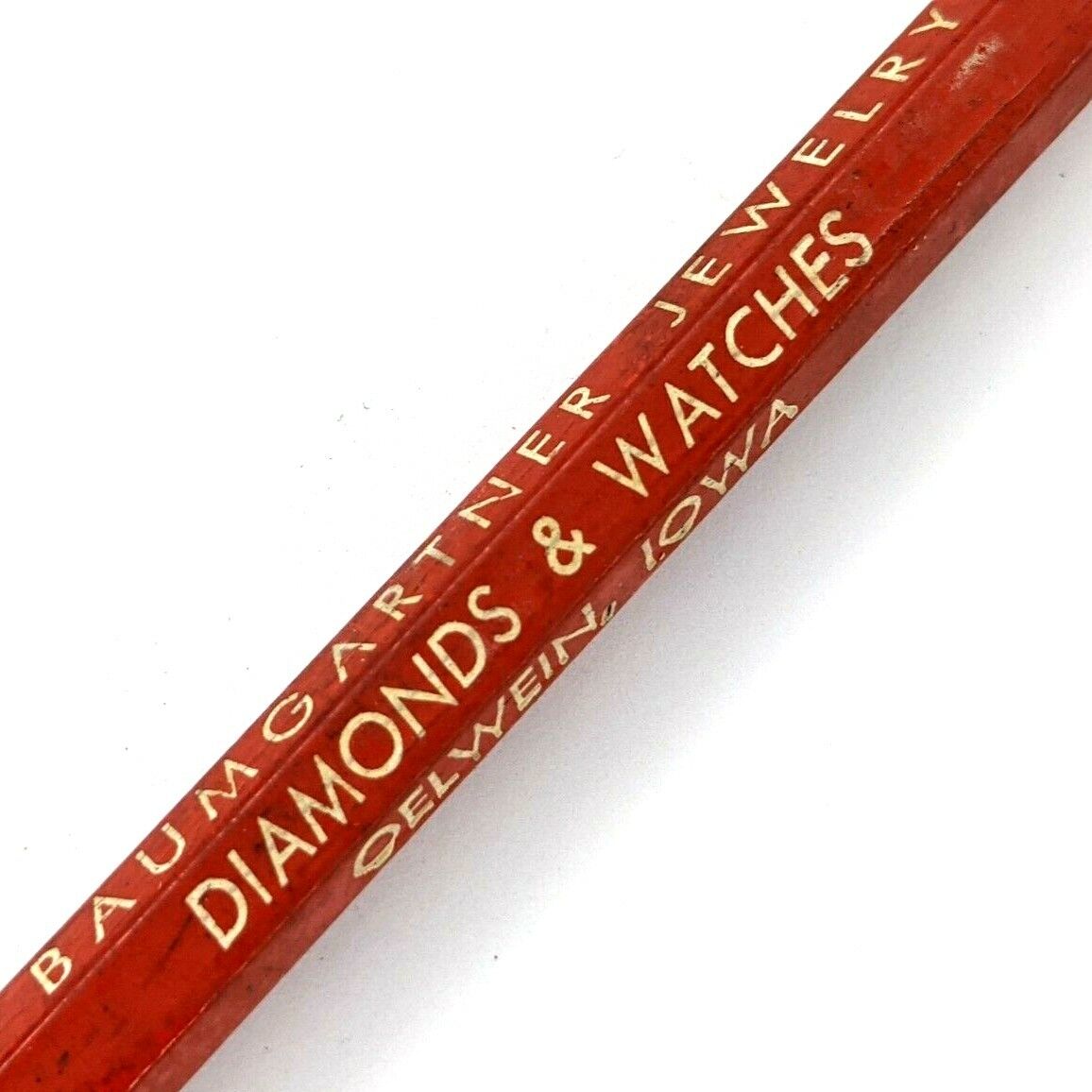 c1950s-60s Oelwein, IA Baumgartner Jewelry Watch Dealer Red Wood Pencil Vtg G15
