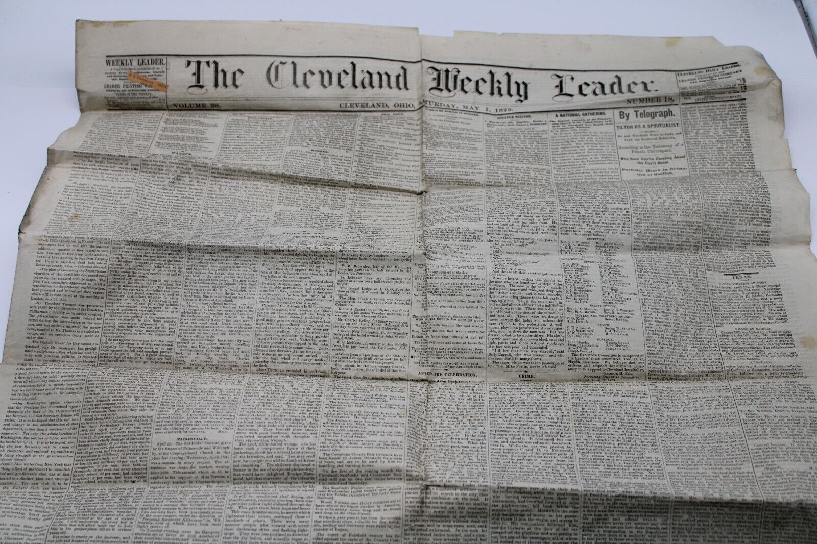 Vintage Antique 1800\'s newspaper, The Cleveland Weekly Leader OH, May 1, 1875