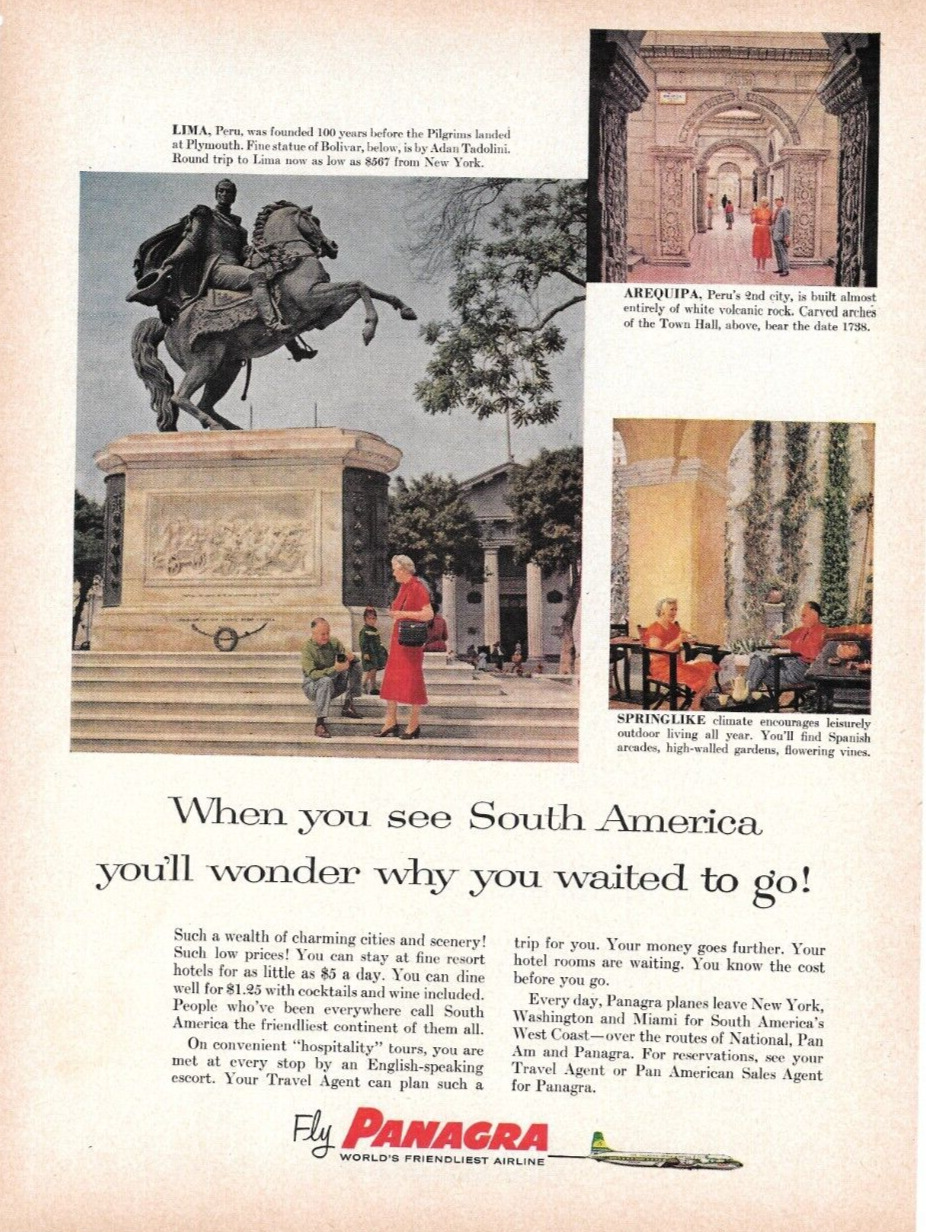 1959 Panagra Travel to Peru, Peruvian Monuments, South America, Vintage Print Ad