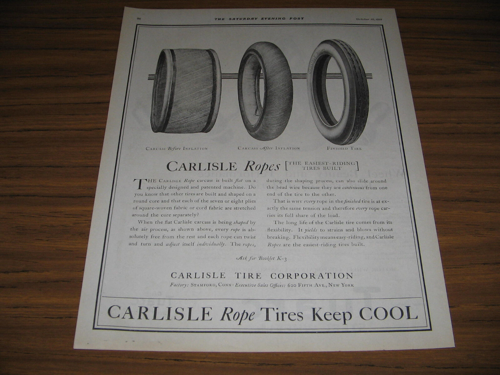 1921 Vintage Ad Carlisle Rope Tires Keep Cool Factory in Stamford,CT