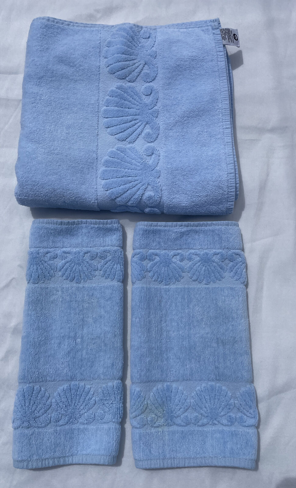 3 Pc Vintage J\'Aime 1 Bath 2 Washcloth Towel Set Sea Shells Design Blue