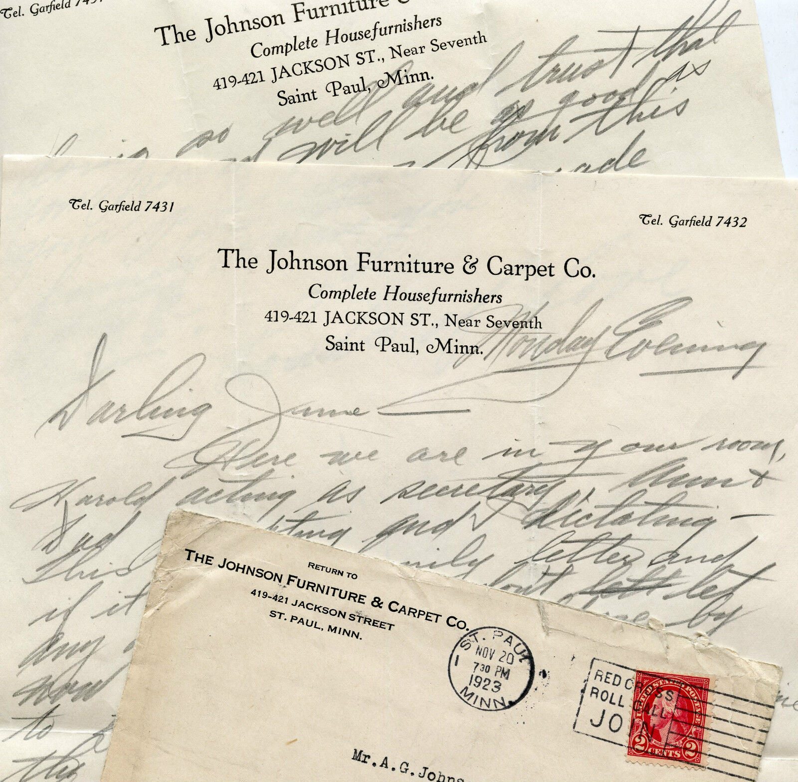 1923 Letter / Envelope JOHNSON FURNITURE CARPET CO - Saint Paul, Minnesota 