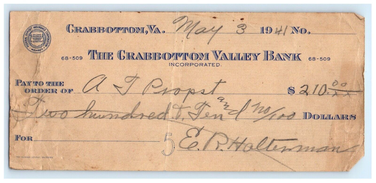 1941 THE GRABBOTTOM VALLEY BANK VIRGINIA VA PAPER CHECK