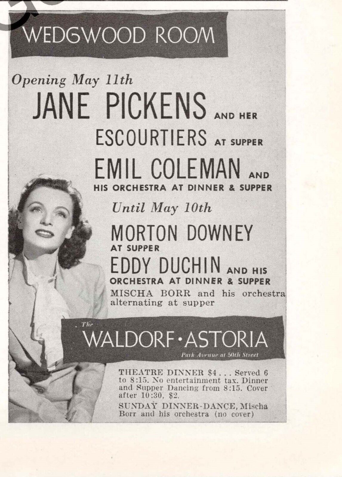 Jane Pickens Morton Downey Performing at the Waldorf 1950 Print Ad