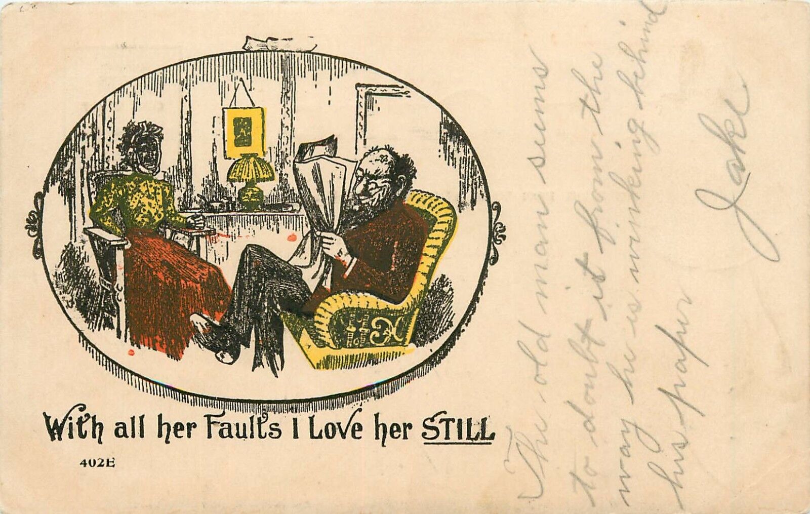 Postcard Comic Her faults I Love Her Still woman jaw tied shut gagged pm 1906