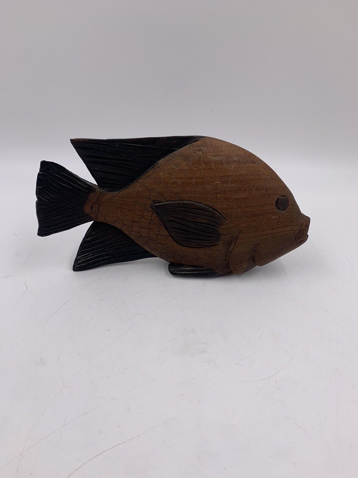 Vintage Hand Carved Wooden Tropical Fish Two Tone Brown 8”
