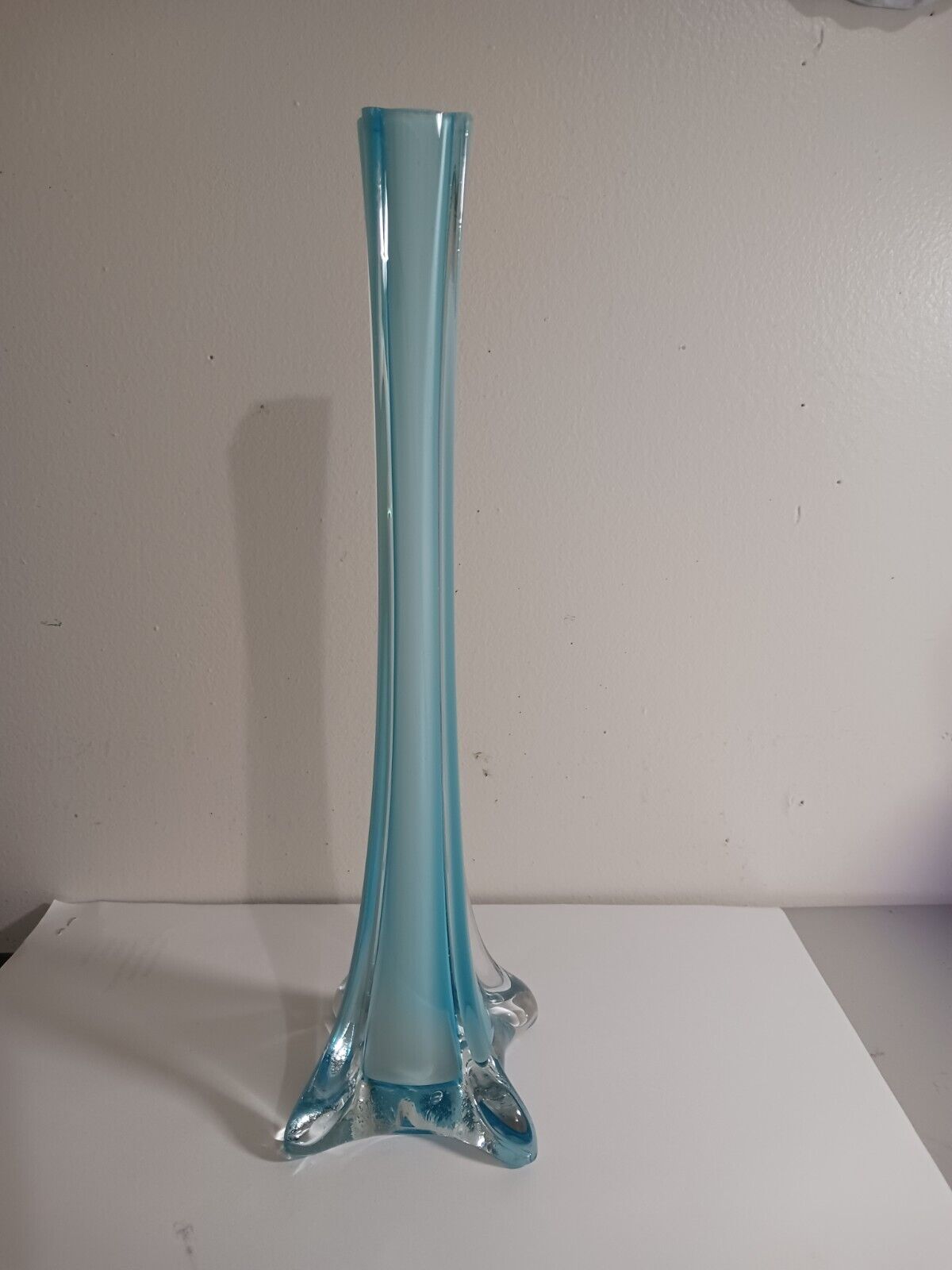 Vintage Soliflore Hand Blown Glass Vase France 1950s Light Blue