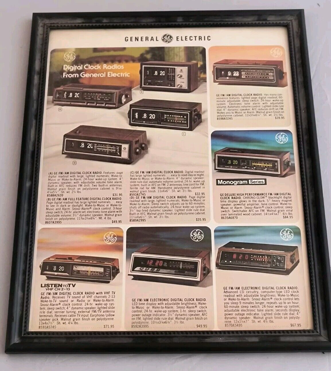 Vtg 1970s GE Clock Radio Flip Advertising Spec Price Catalog Framed Rare
