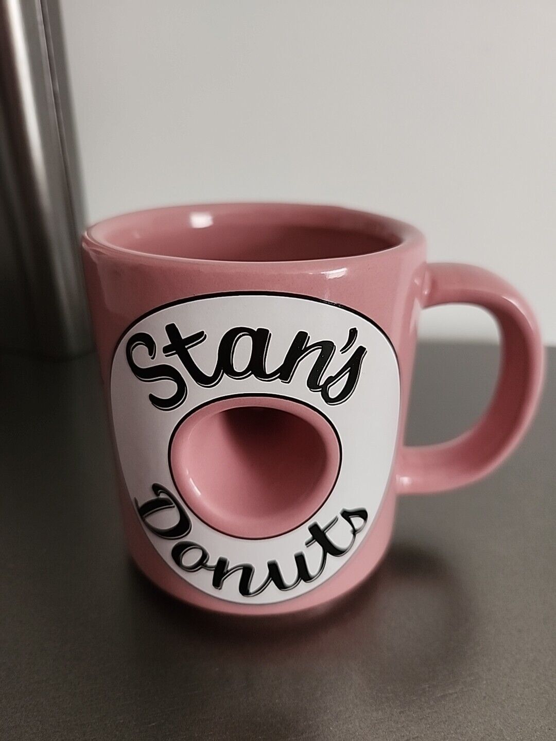 Stan’s Donuts Coffee Mug Doughnut Hole Cup Ceramic Vintage 4” Tall Made In USA