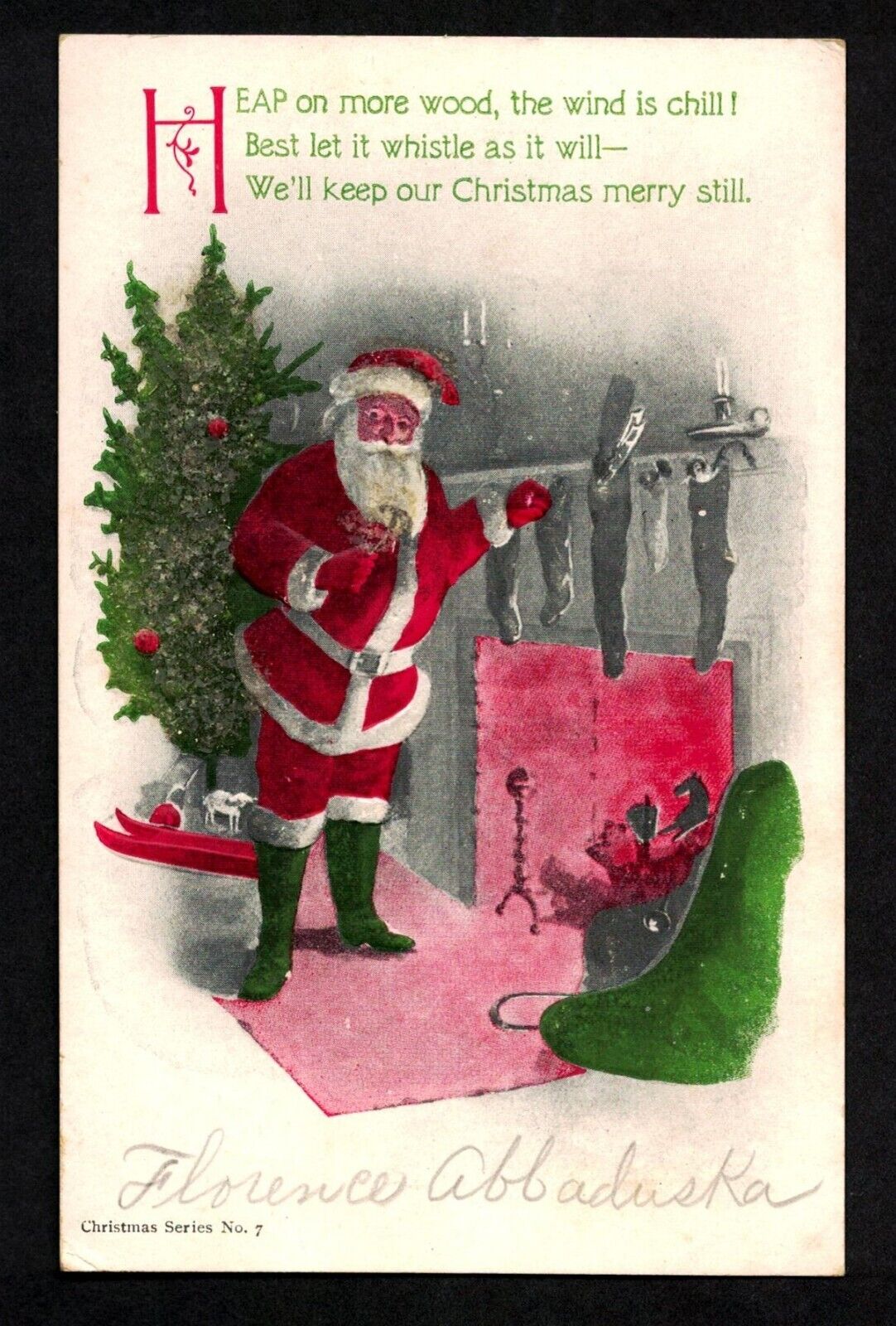 5002 Antique Vintage Christmas Postcard Santa Fireplace Stockings Green Boots