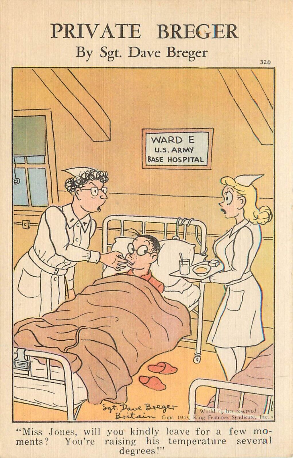 WWII Humor Postcard Private Breger Pretty Nurse Raises Temperature Of Patient