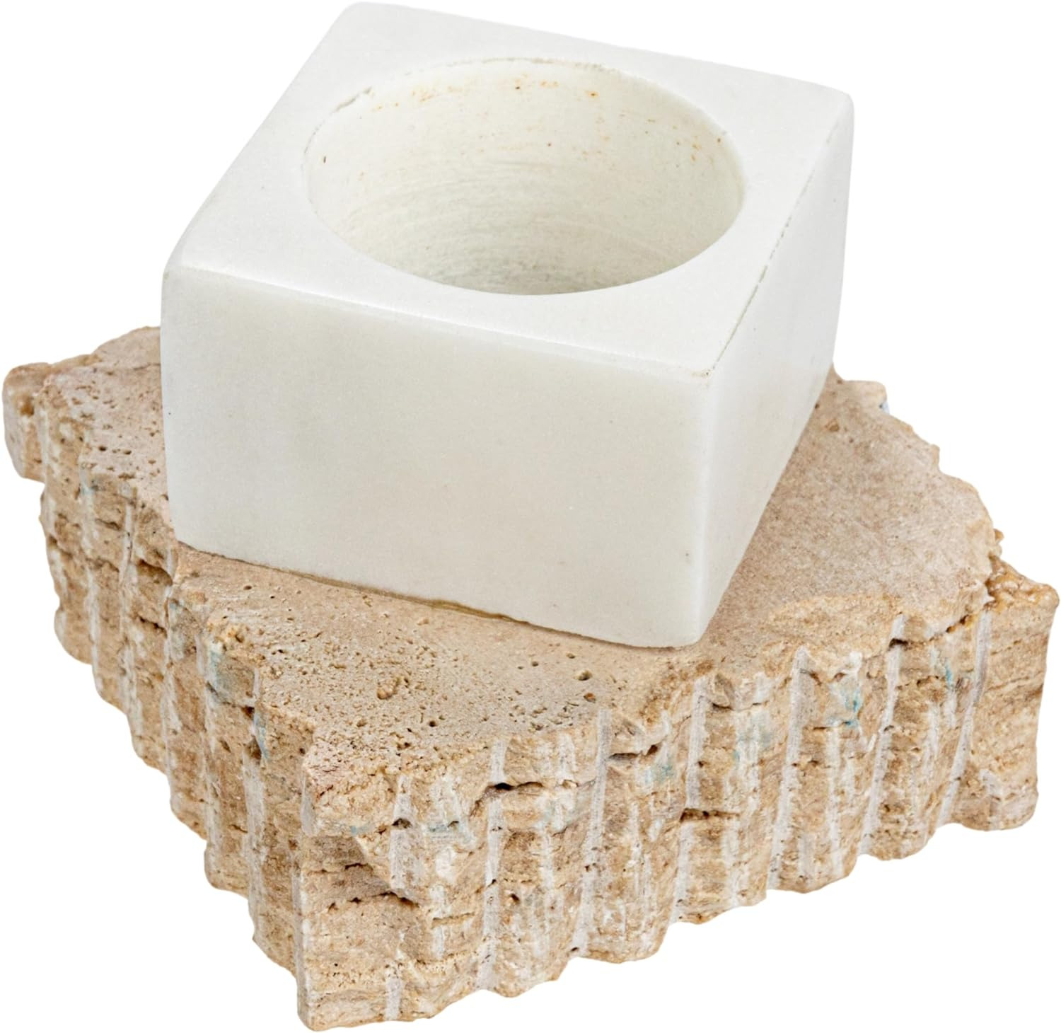 Marble and Travertine Candle Holder, White/Natural