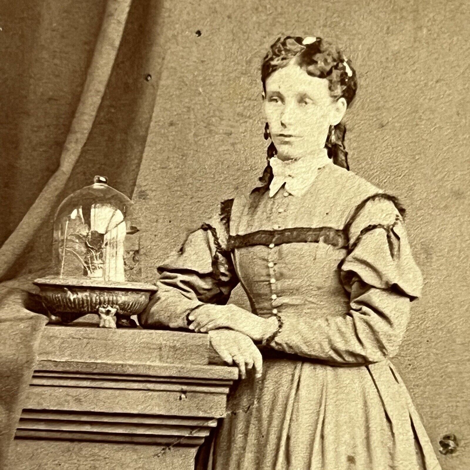 Antique CDV Photograph Beautiful Young Woman With Flower Under Glass Dome