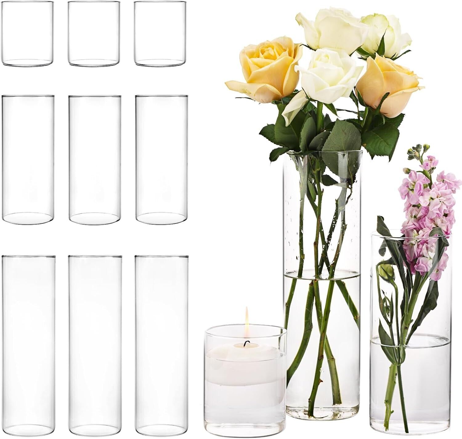 CUCUMI 12 Pack Glass Cylinder Vases/Hurricane Candle Holders  4, 8,12 Inch