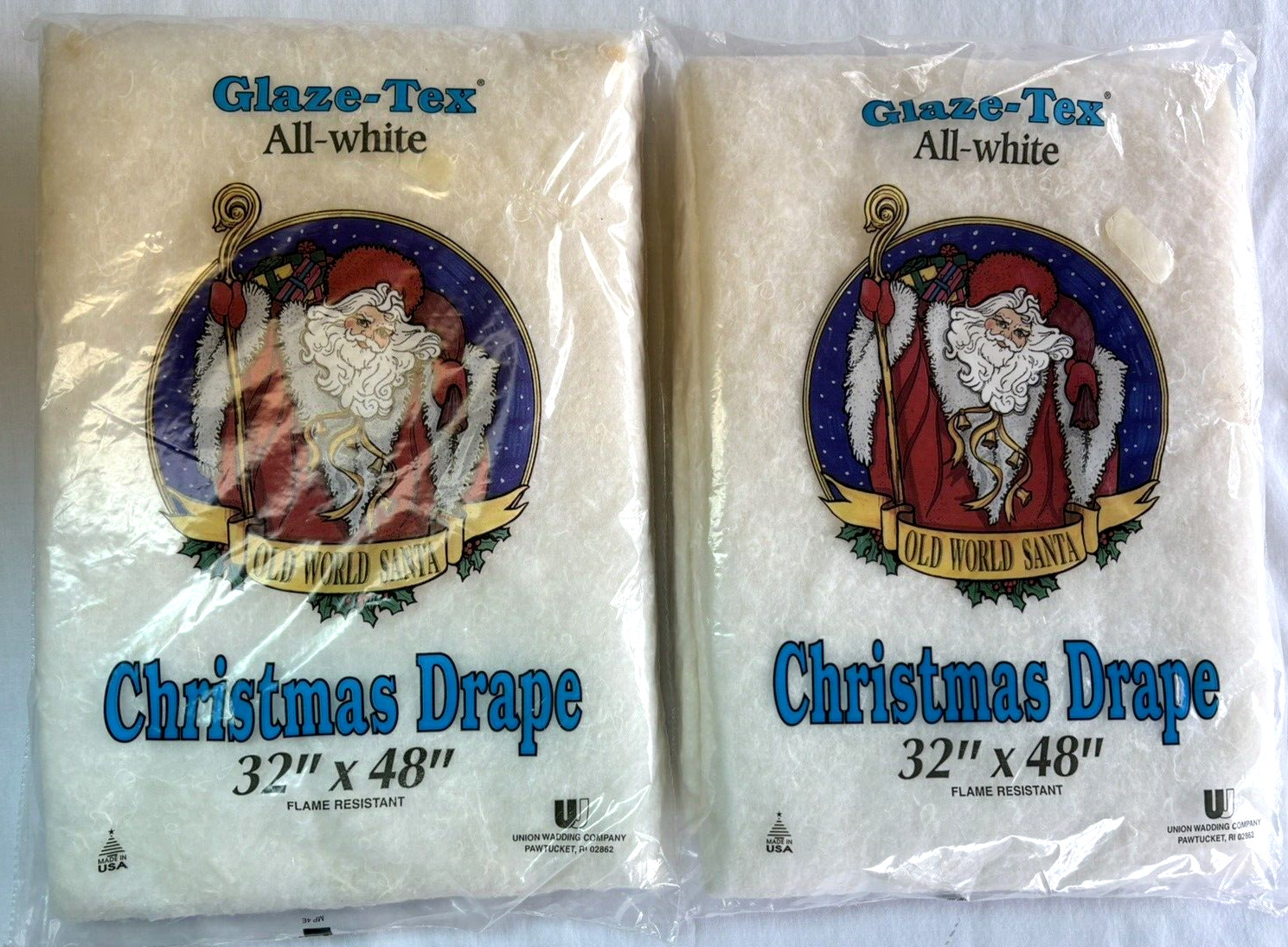 2 Vintage Glaze-tex All-white Old World Santa Christmas Drape 32”x48” USA A-5