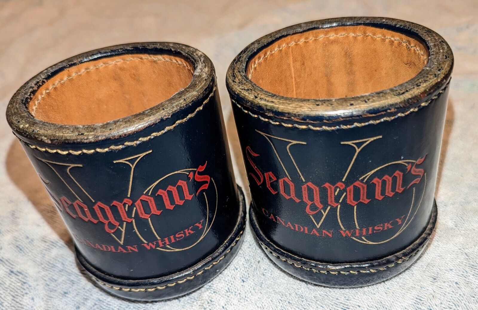 2 Vtg Seagram\'s VO Canadian Whiskey Leather Dice Cups Stitched Made in Hong Kong