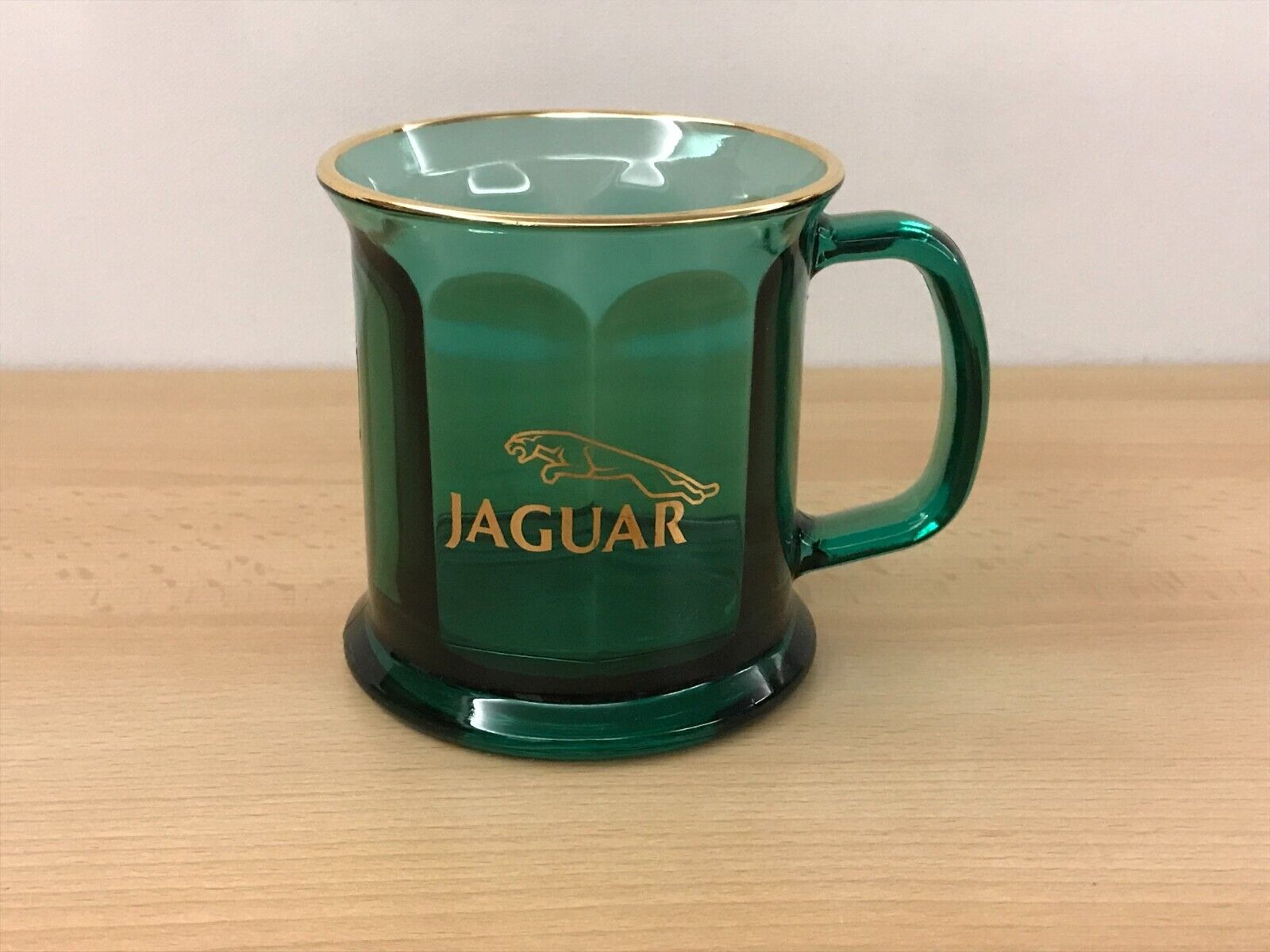 Jaguar Green Glass & Gold Color Trim Coffee Cup