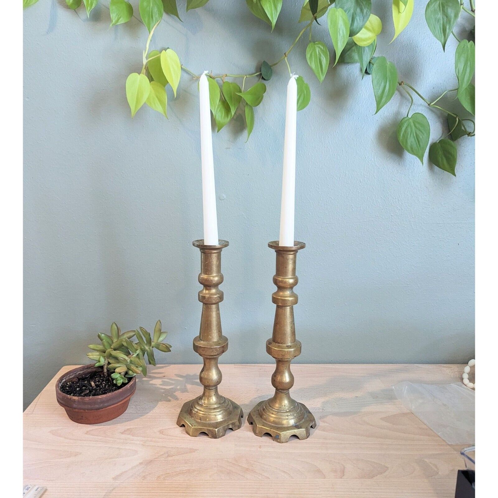 Set of 2 Vintage HEAVY Solid Brass Mexican Altar Candleholders Ornate Large