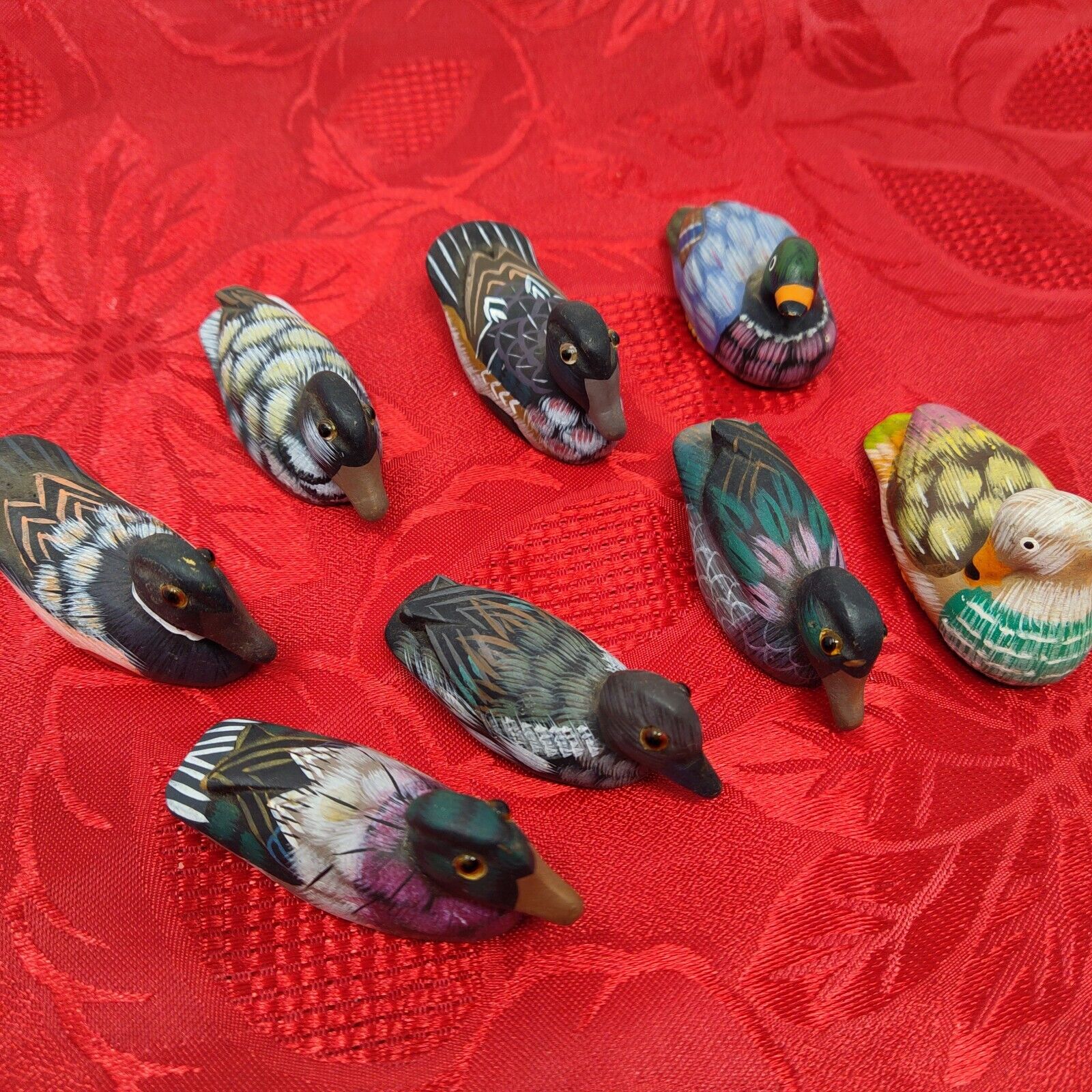 Lot of 8 Vintage Miniature Wood Ducks Hand Painted Figurines Glass Eyes