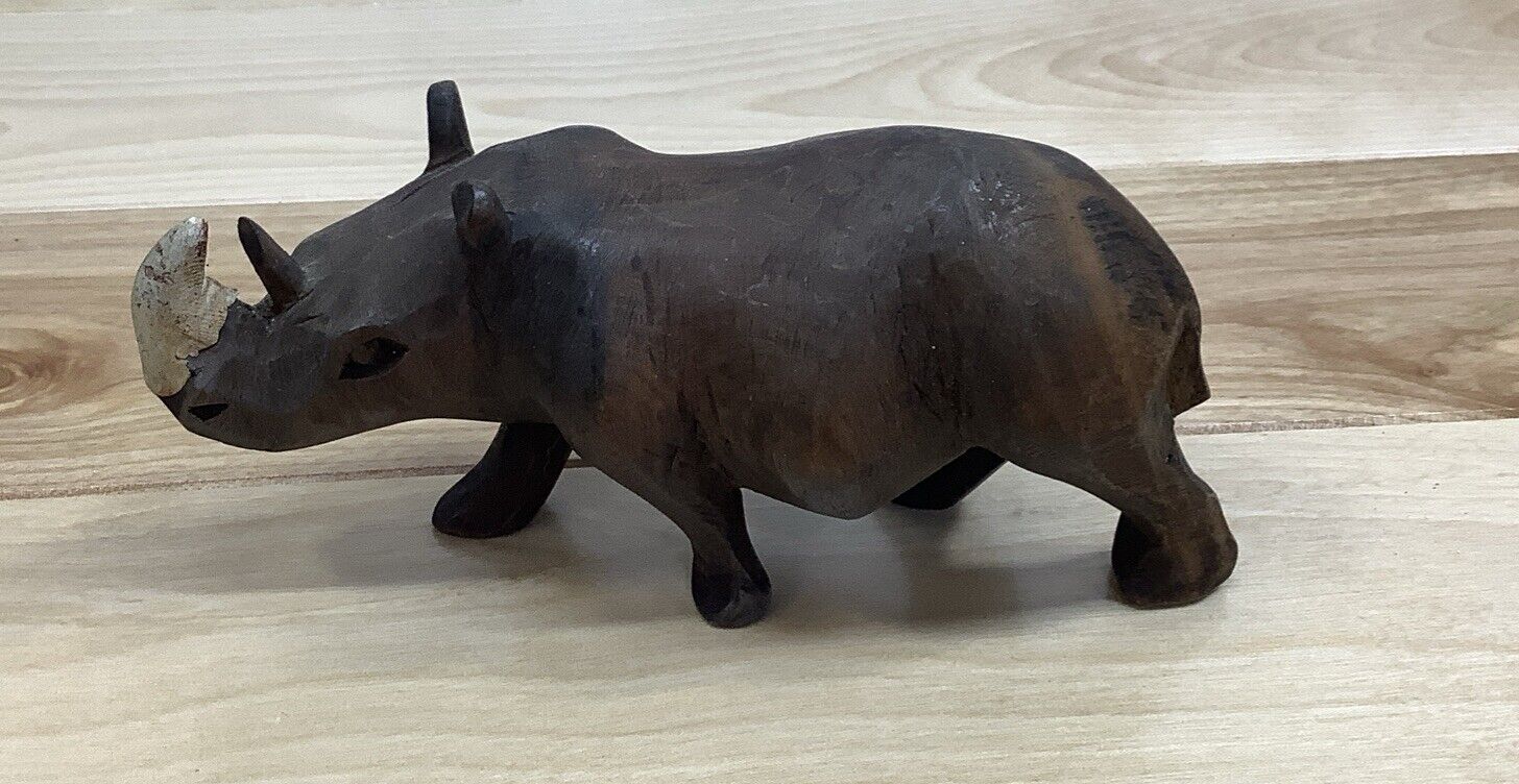 Vintage Wooden Rhino Statue African Ebony Rhinoceros Hand Carved Art Figure - 5”