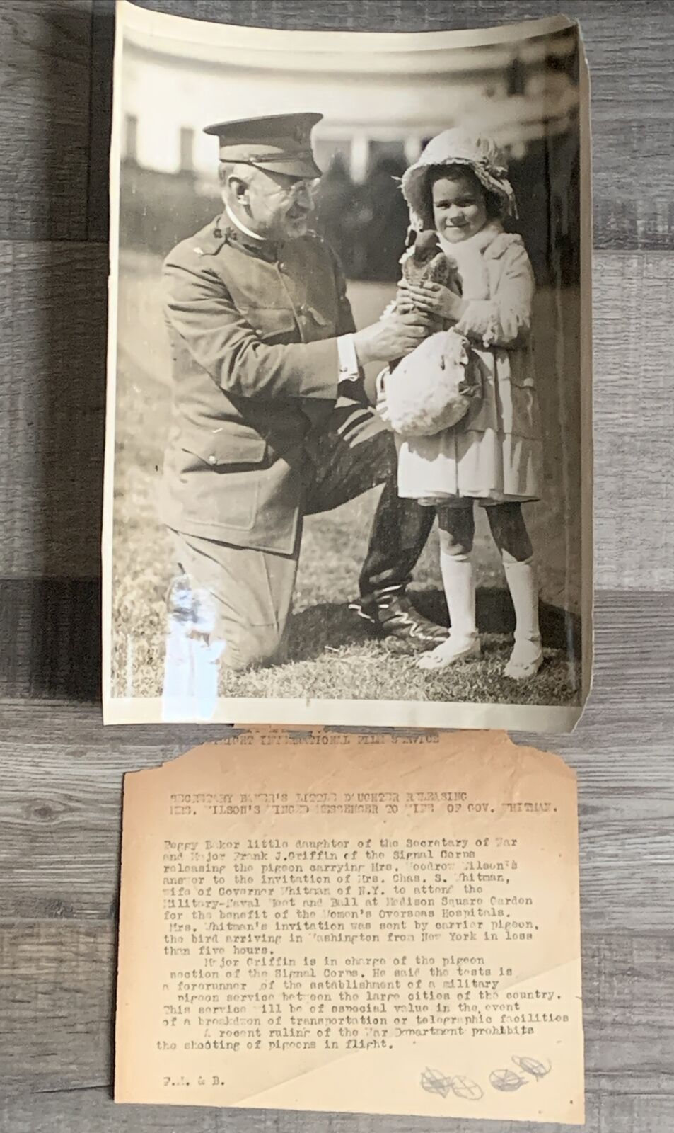 Vtg Press Photo ~1915 Child Carrier Pigeon Military - Naval Ball Invitation WWI