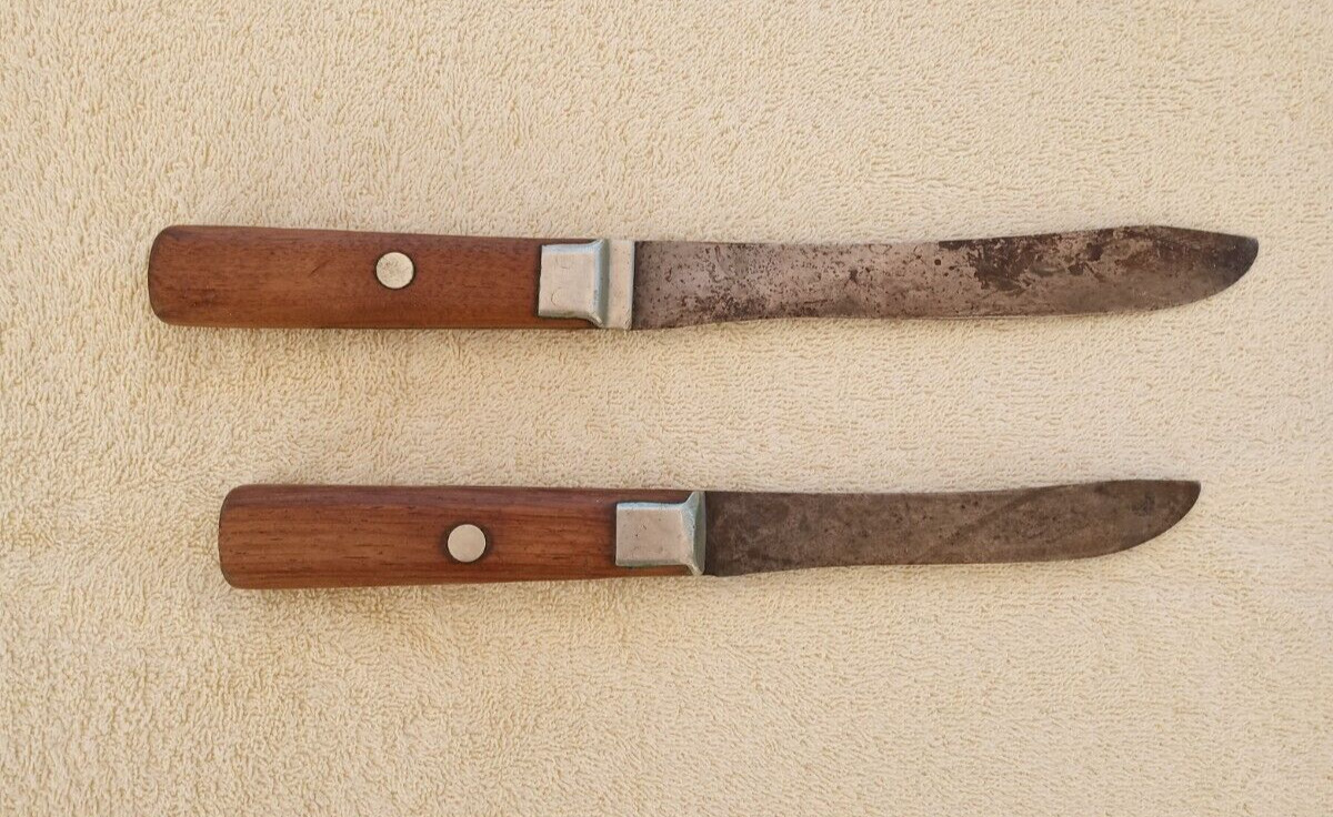 TWO HAND FORGED INDIAN TRADE KNIVES HALF TANG BRASS PINS
