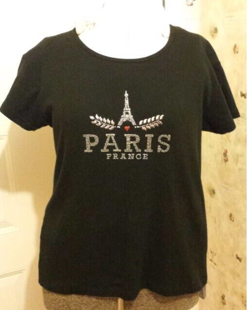 Paris Eiffel Tower Rhinestones J'aime Paris Black Tshirt Sols T-Shirt XXL*READ