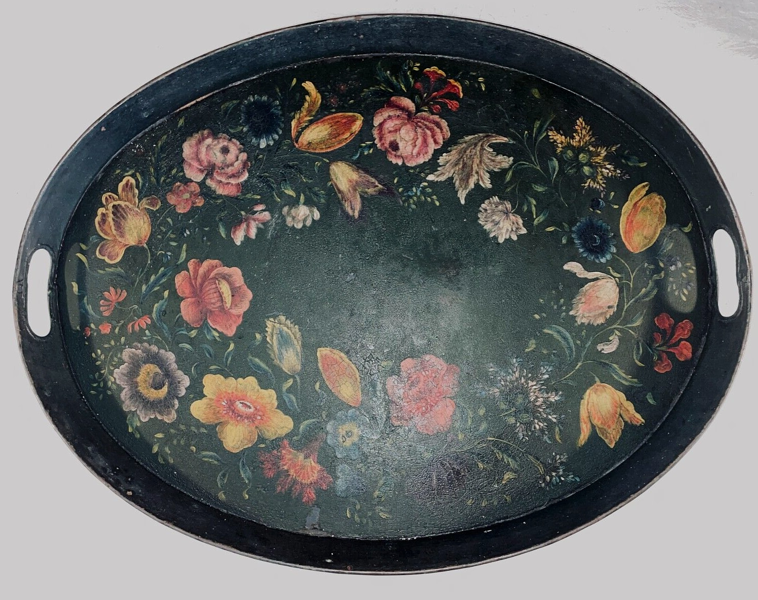 Gorgeous Antique Georgian Era Hand Painted Tole Tray Flowers Floral Estate Piece