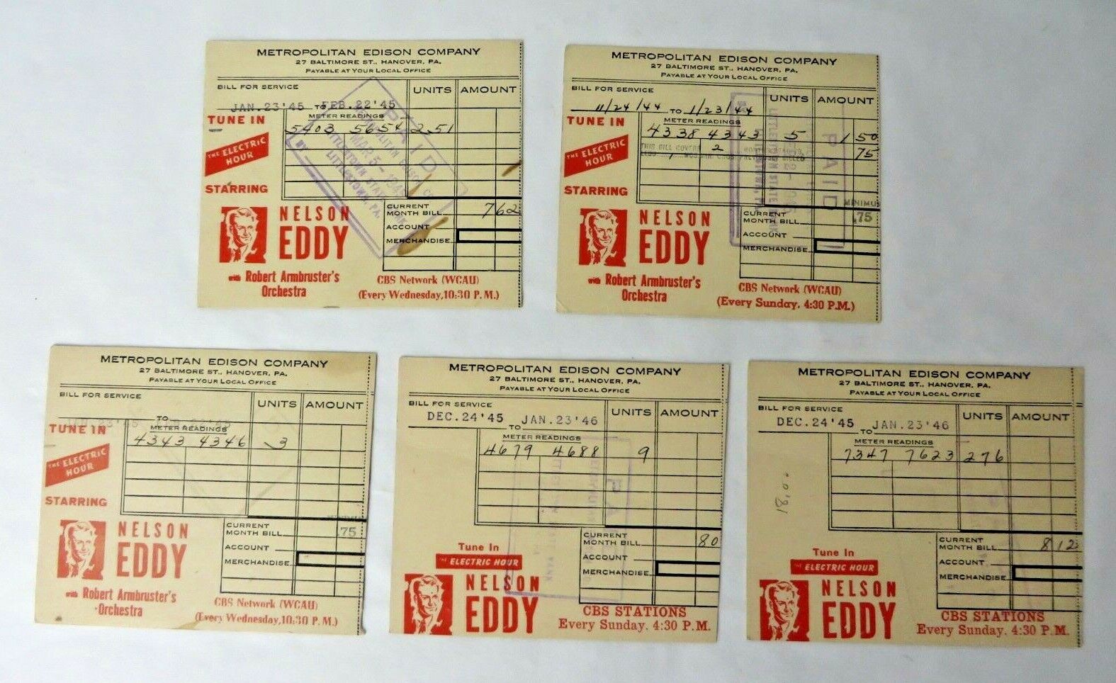 Vintage 1944 1945 Nelson Eddy CBS on Metropolitan Edison Company Bills 5X #10937