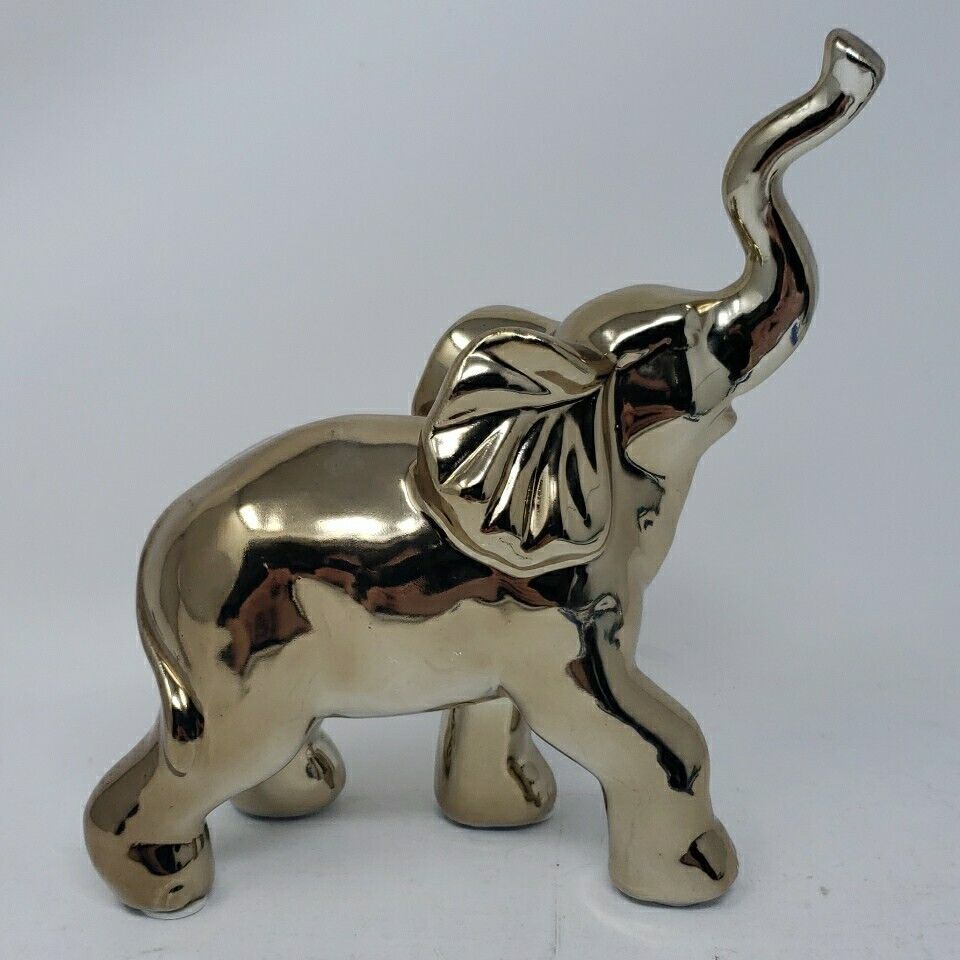 Porcelain Walking Trumpeting Elephant Figurine Polished Gold Finish 7 inch